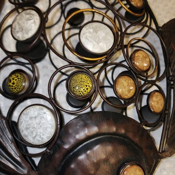 LARGE 15" METAL ORNATE FREE STANDING FIGURINE WITH Chrystalline POTTERY CABOCHON - Picture 2 of 5